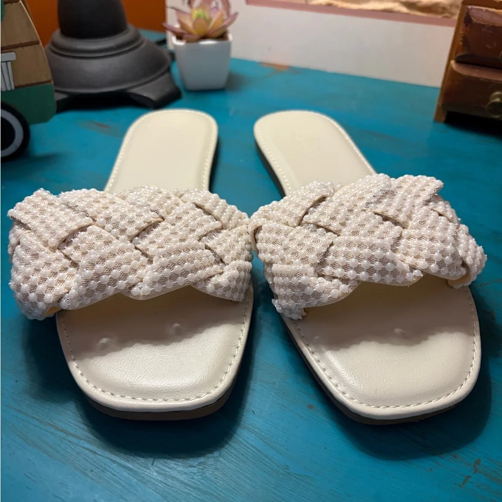 Lulus Avalon Ivory Pearl Braided Flat Slide Sandals - Picture 2 of 7